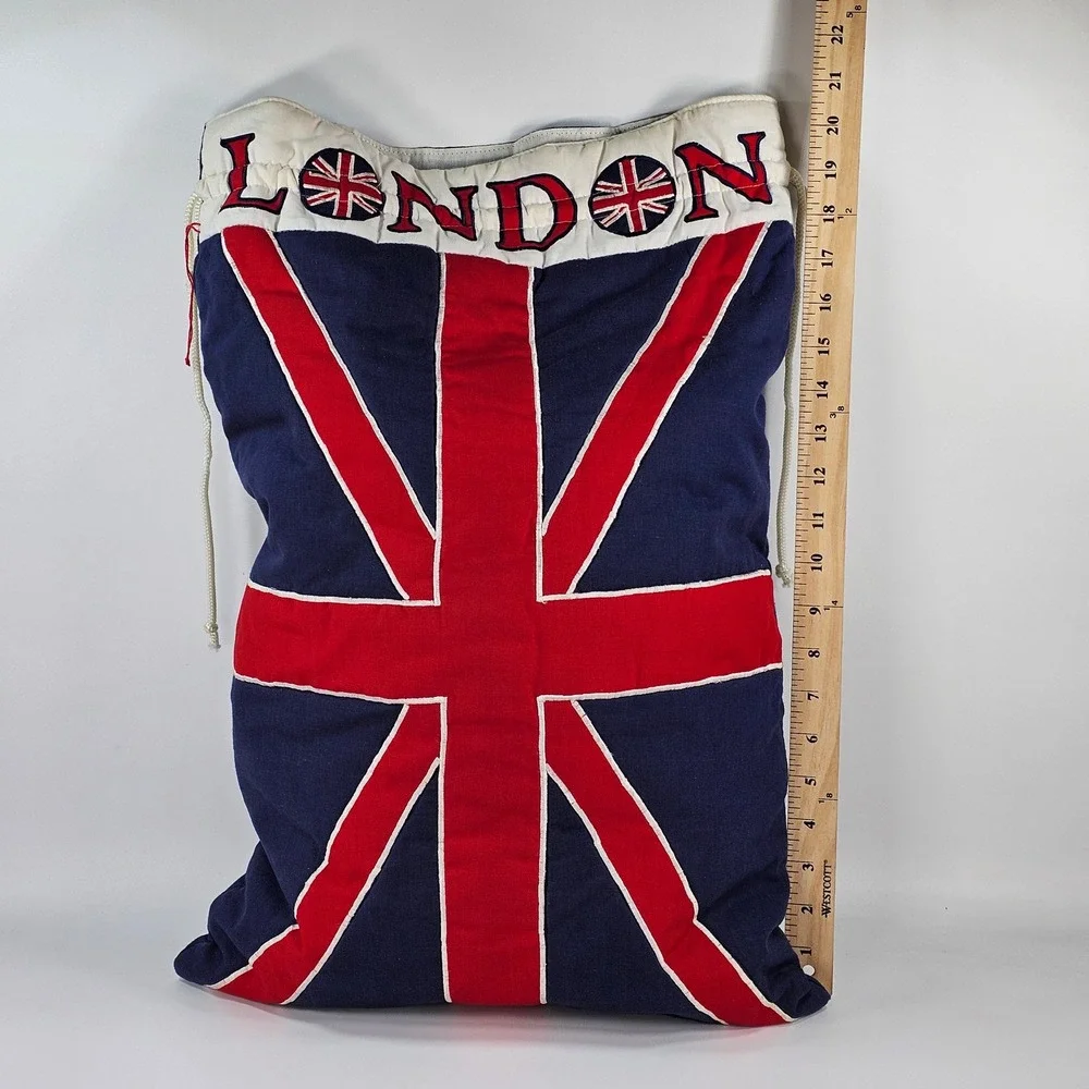 Harrods London Union Jack Drawstring Laundry Storage Bag Navy Blue Canvas